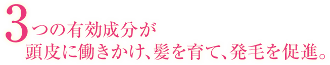 3つの有効成分が頭皮に働きかけ、髪を育て、発毛を促進。