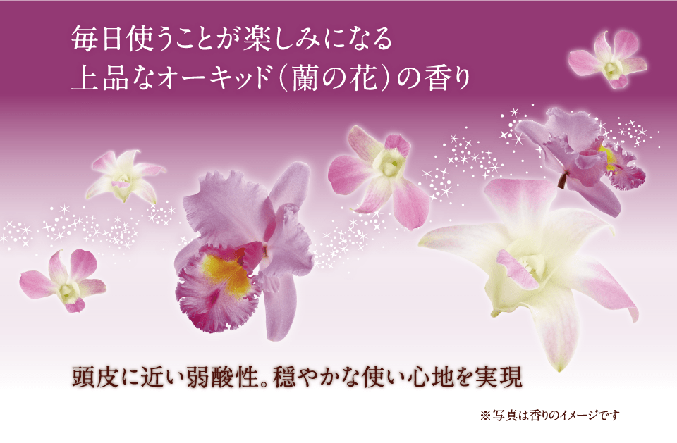 毎日使うことが楽しみになる上品なオーキッド（蘭の花）の香り 頭皮に近い弱酸性。穏やかな使い心地を実現